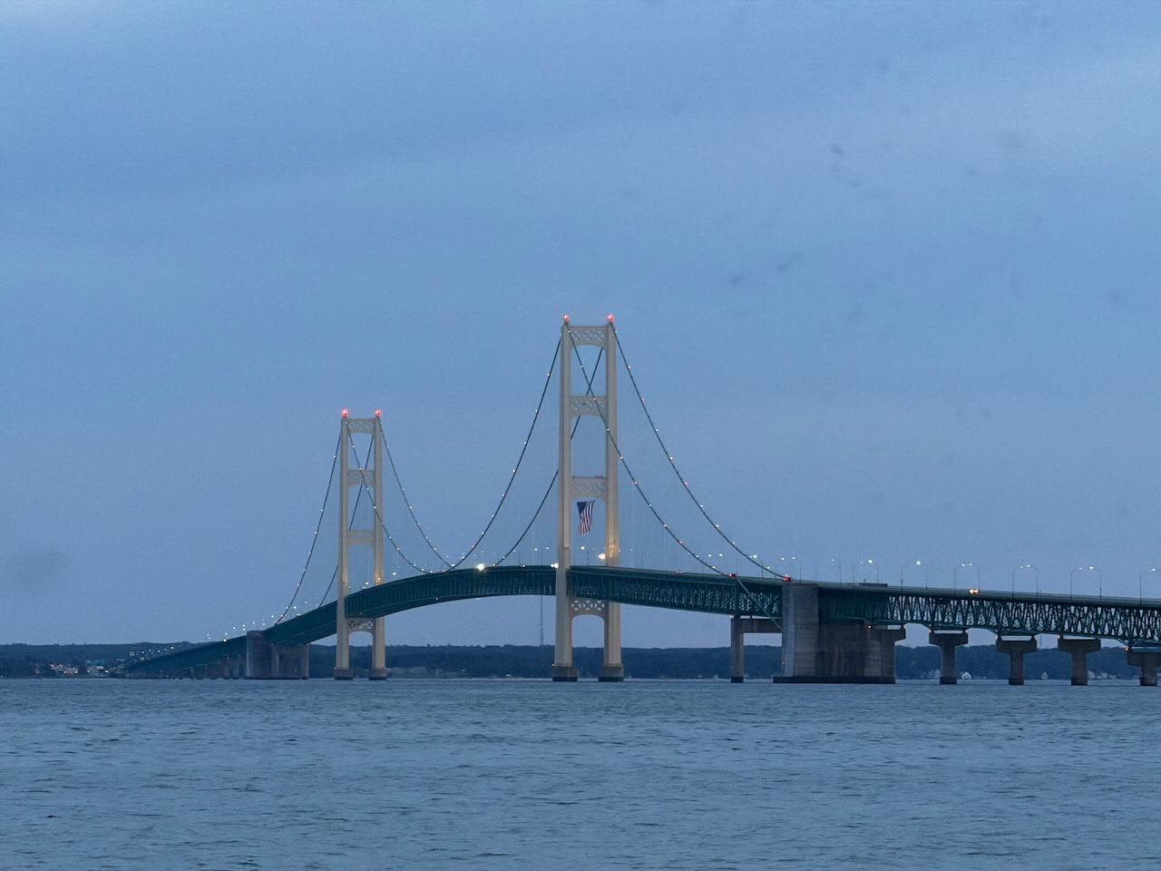 The Mackinac Bridge across the Straits at dusk, from Straits State Park