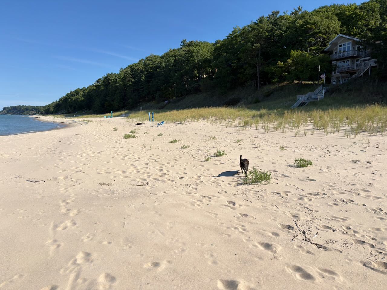Blue far down an empty Lake Michigan beach