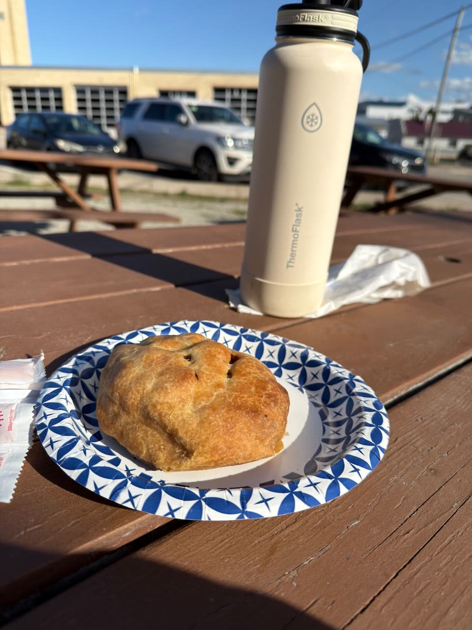 A pasty on a paper plate at a picnic table